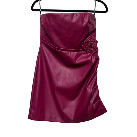 Forever 21 Strapless L Mini Dress Faux Leather Dark Pink Rosette Party Club - Picture 1 of 12